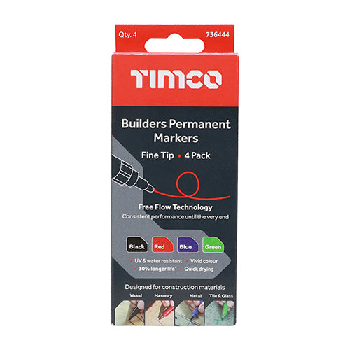 Builders Permanent Markers - Fine Tip - TIMCO 4x Mixed Colours