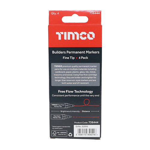 Builders Permanent Markers - Fine Tip - TIMCO 4x Mixed Colours