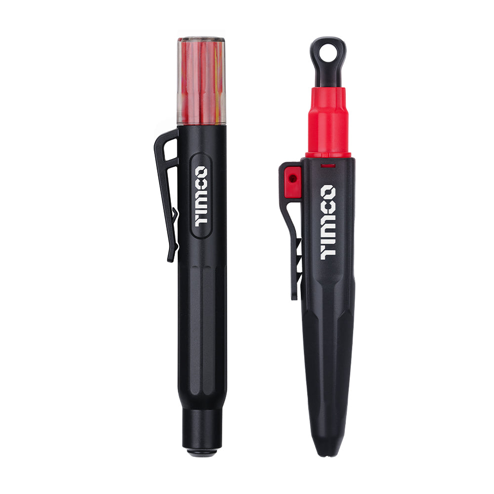 TIMCO Deep Hole Marking Pencil Set showing extended tip, belt clip, and refill leads