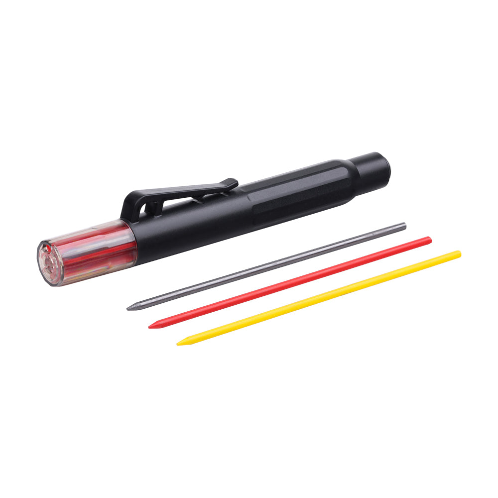 TIMCO Deep Hole Marking Pencil Set showing extended tip, belt clip, and refill leads