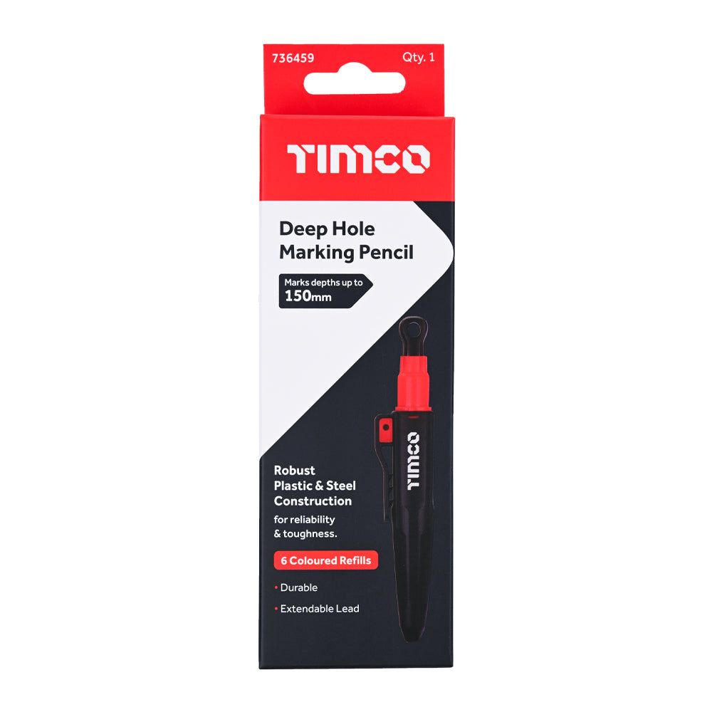 TIMCO Deep Hole Marking Pencil Set showing extended tip, belt clip, and refill leads