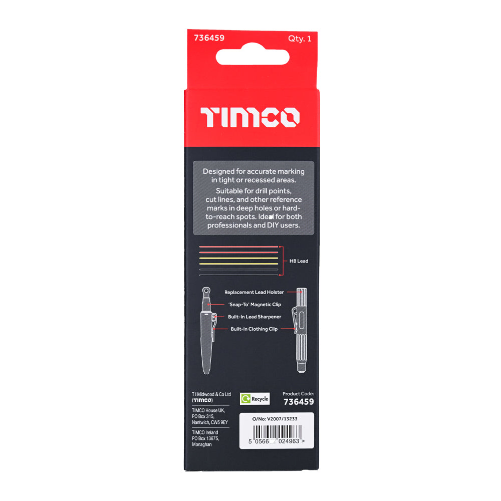 TIMCO Deep Hole Marking Pencil Set showing extended tip, belt clip, and refill leads