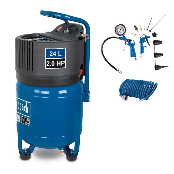 Scheppach HC24V 24L vertical air compressor with 1500W oil-free motor and included 13-piece accessory kit