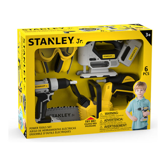 Stanley Jr. battery power tools set including toy drill and saw with yellow and black finish