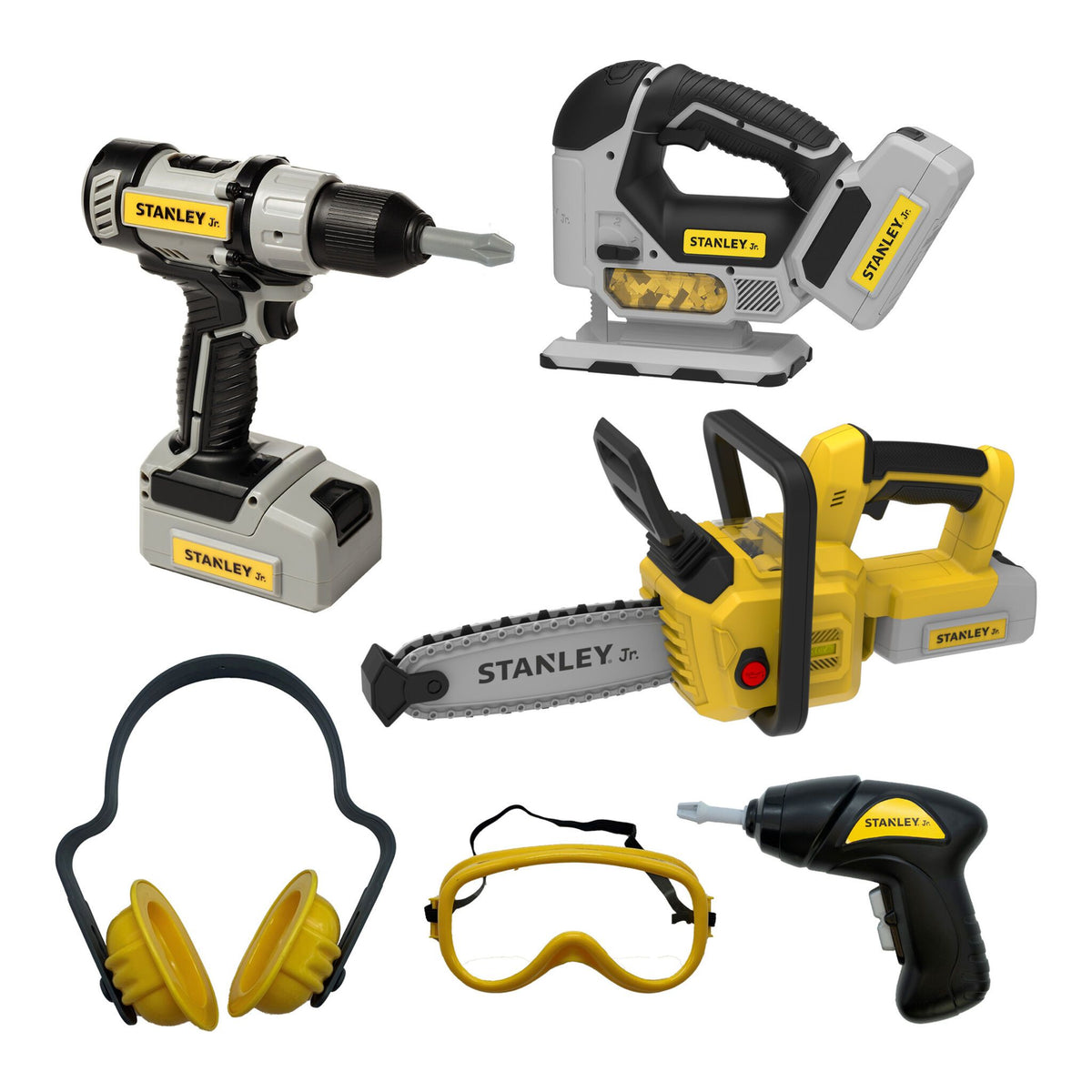 Stanley Jr. battery power tools set including toy drill and saw with yellow and black finish