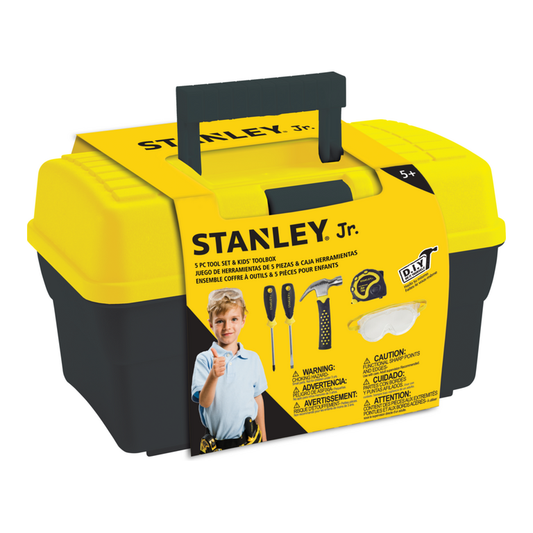 Stanley Jr 5 piece toy tool set with carry toolbox and ergonomic hand tools