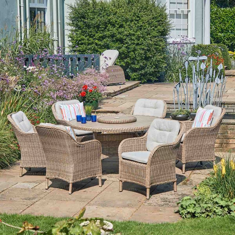 Leisuregrow - Weave Collection - St Tropez Sand 6 Seat Dining Set with Weave Lazy Susan and Deluxe 3.0m Parasol