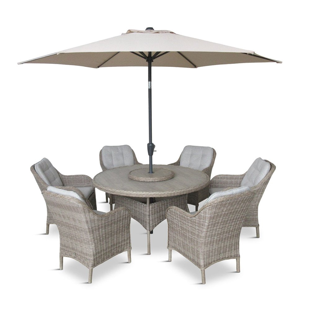Leisuregrow - Weave Collection - St Tropez Sand 6 Seat Dining Set with Weave Lazy Susan and Deluxe 3.0m Parasol