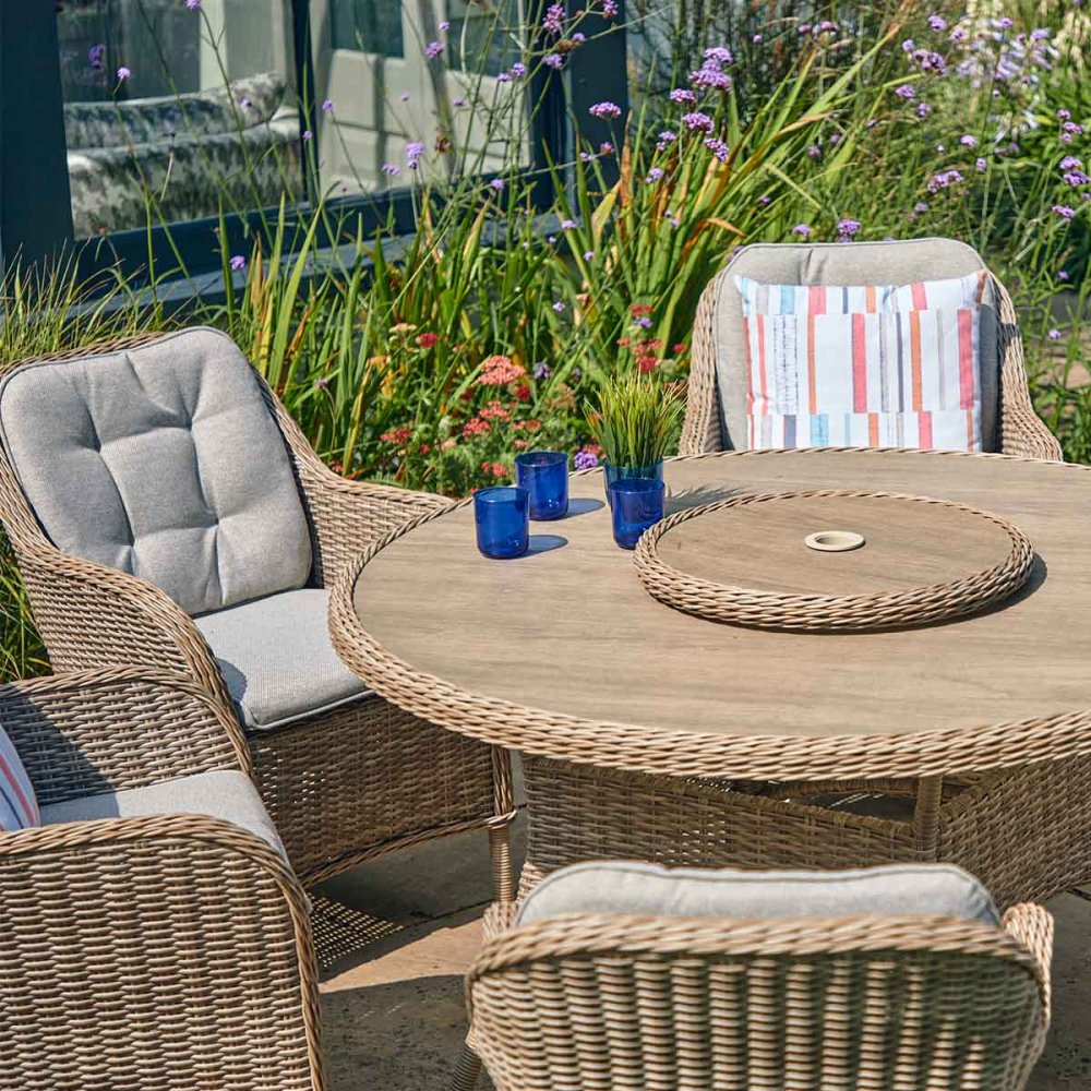 LG Outdoor St Tropez Sand 6 Seat Dining Set with Lazy Susan & 3.0m Parasol