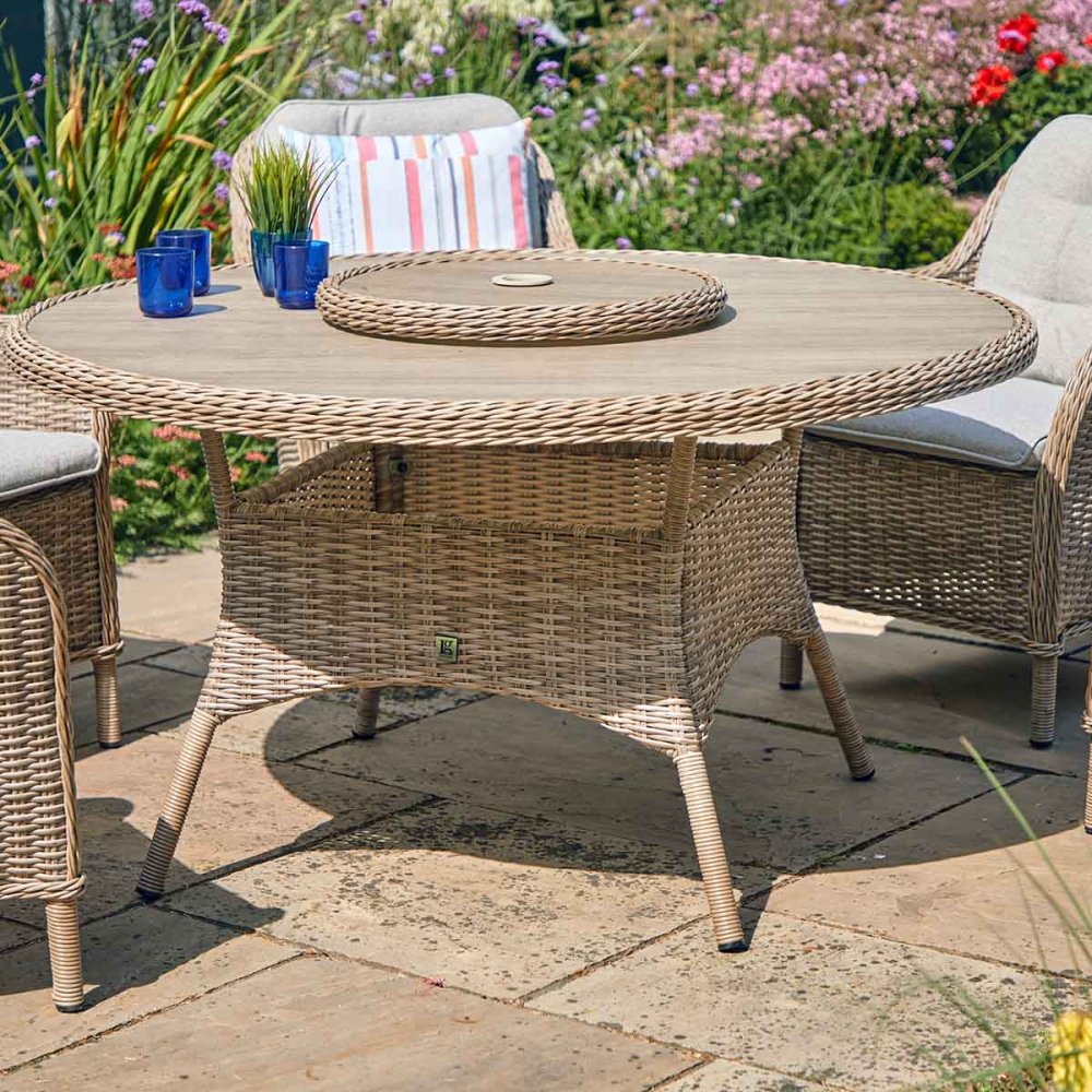 Leisuregrow - Weave Collection - St Tropez Sand 6 Seat Dining Set with Weave Lazy Susan and Deluxe 3.0m Parasol