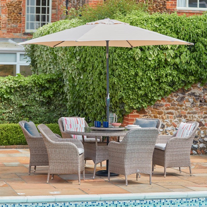 Leisuregrow - Weave Collection - Monte Carlo Sand 6 Seat Dining Set with Weave Lazy Susan and 3.0m Parasol