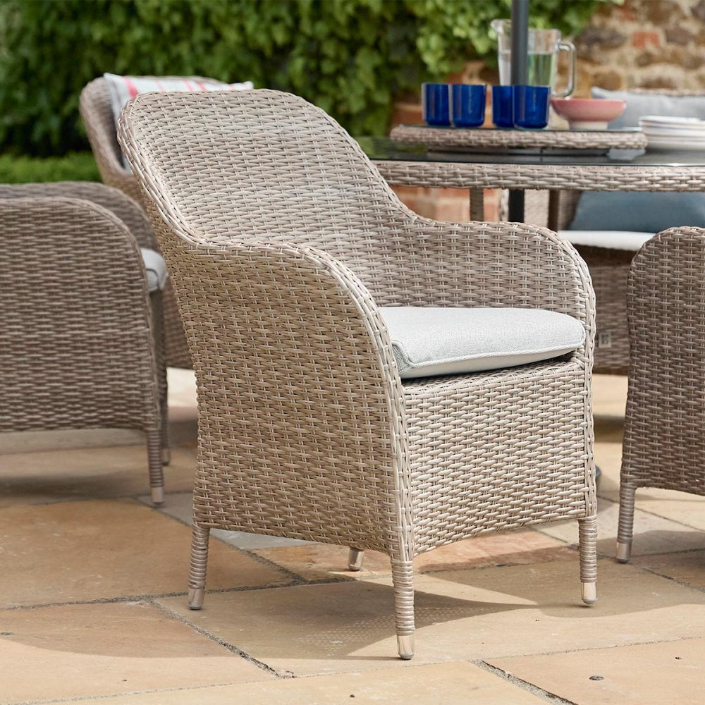Leisuregrow - Weave Collection - Monte Carlo Sand 6 Seat Dining Set with Weave Lazy Susan and 3.0m Parasol
