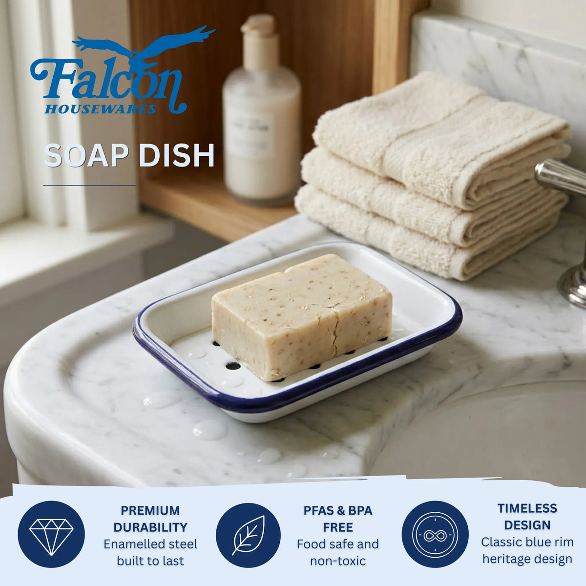 Falcon white enamel soap dish with tray and classic blue rim 13cm
