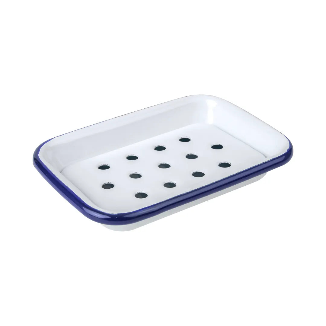 Falcon white enamel soap dish with tray and classic blue rim 13cm