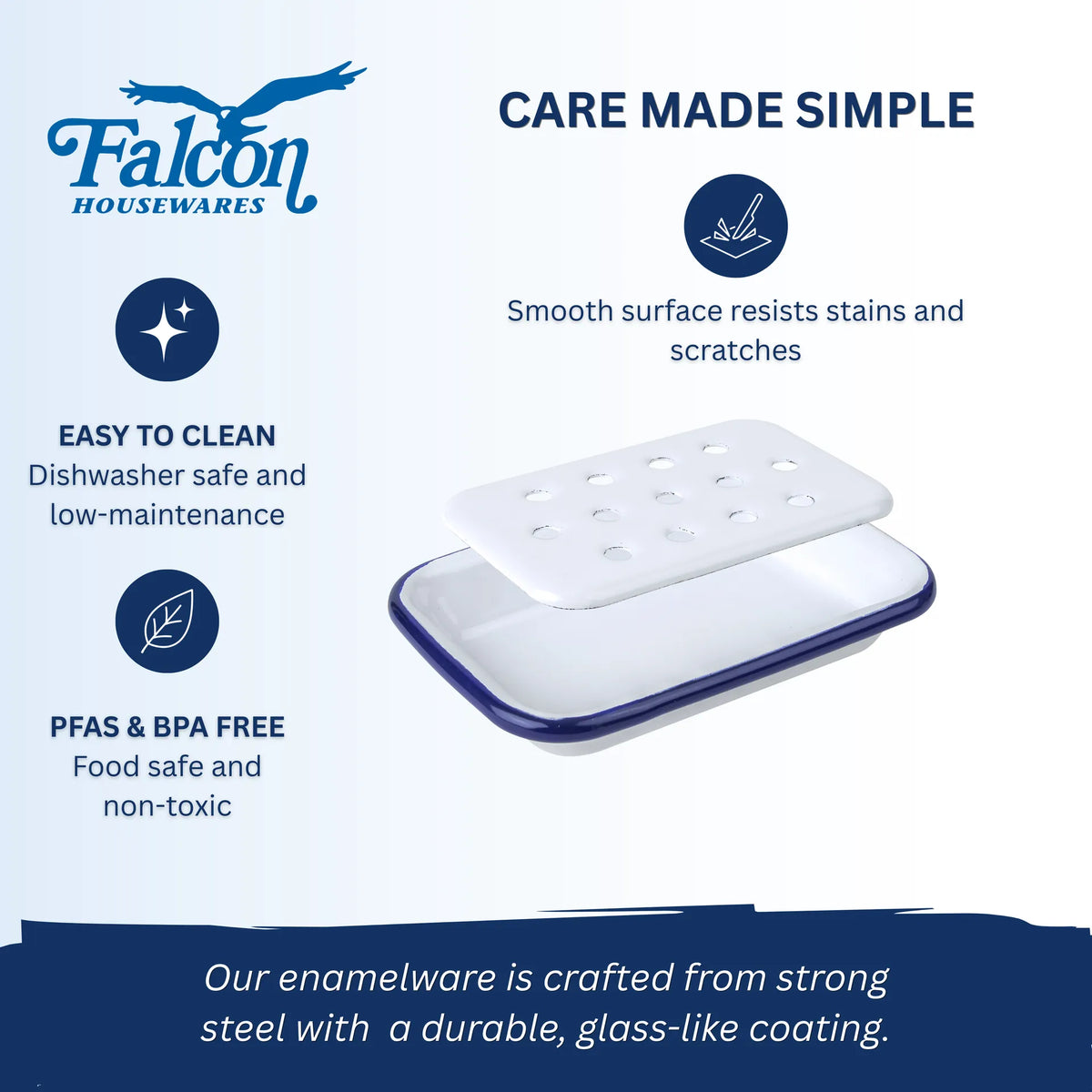 Falcon white enamel soap dish with tray and classic blue rim 13cm
