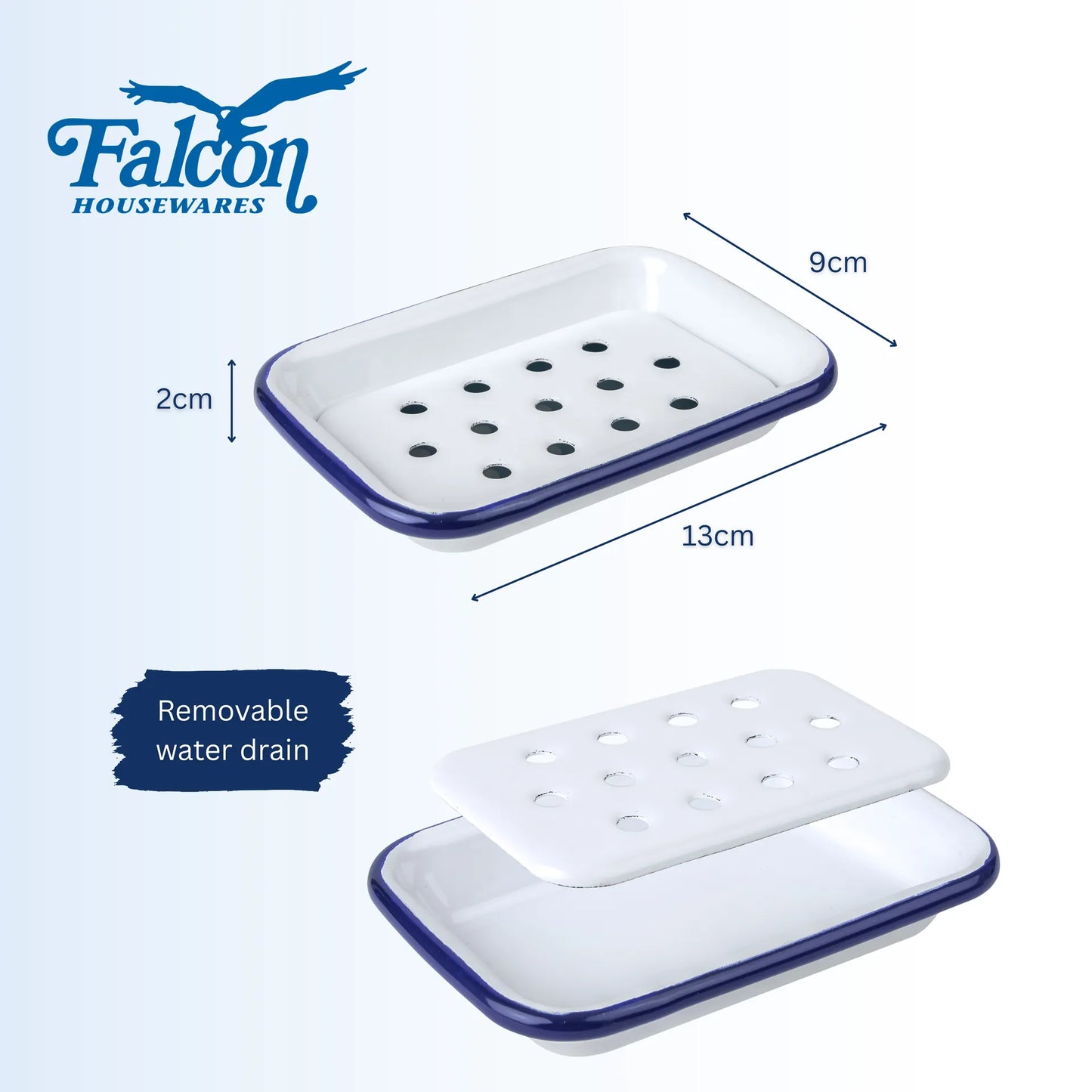 Falcon white enamel soap dish with tray and classic blue rim 13cm