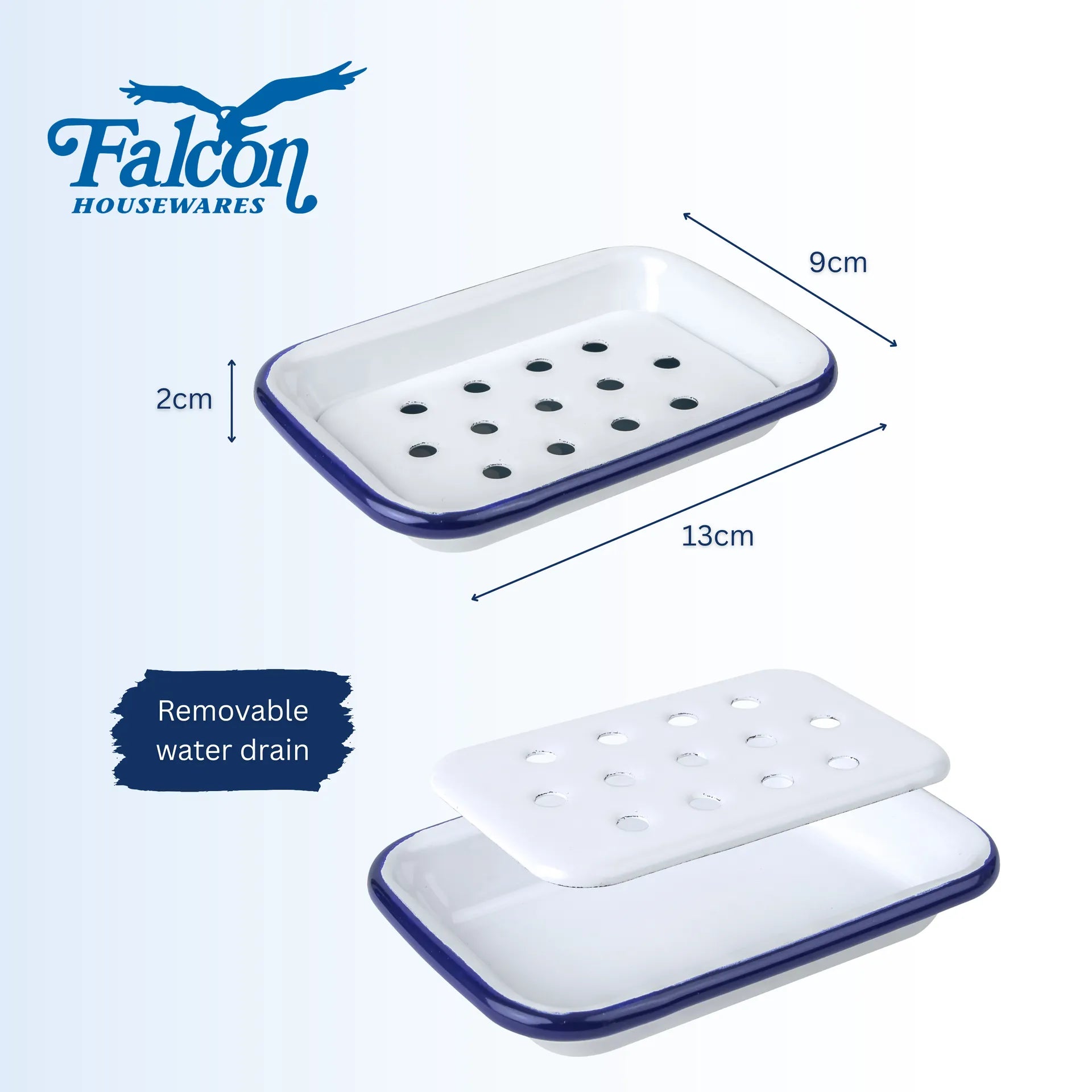 Falcon white enamel soap dish with tray and classic blue rim 13cm
