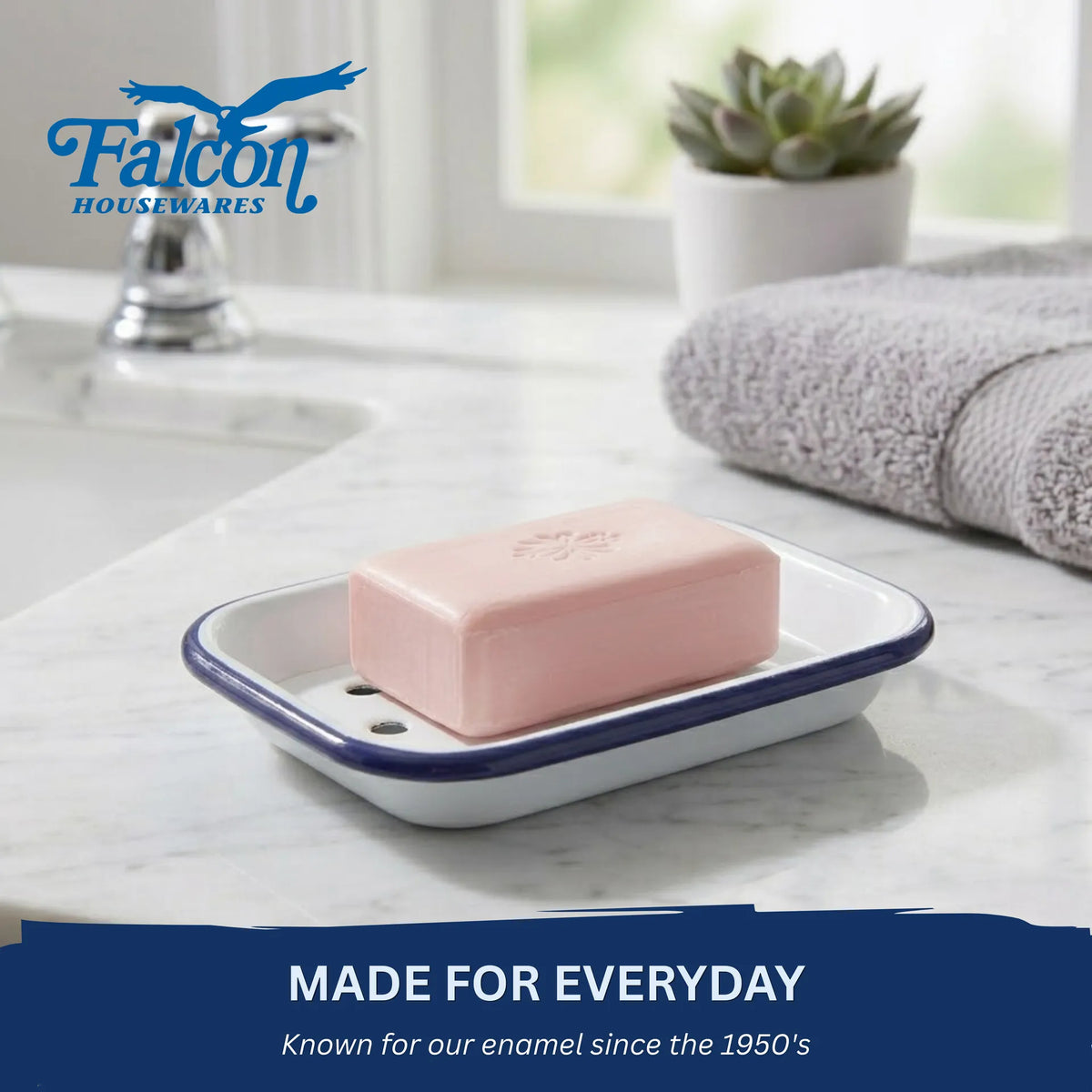 Falcon white enamel soap dish with tray and classic blue rim 13cm