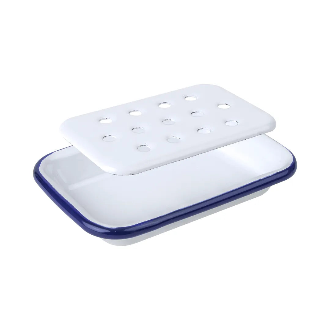Falcon white enamel soap dish with tray and classic blue rim 13cm