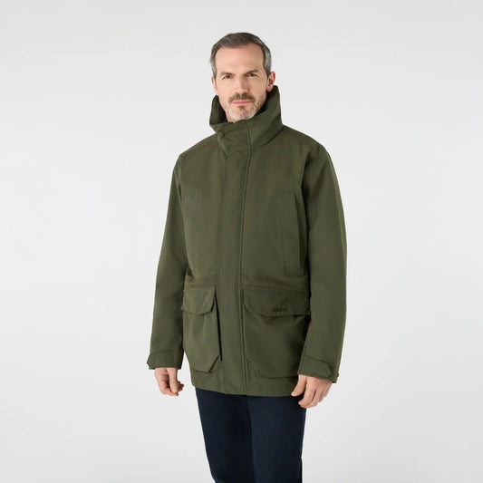 Musto Men's Westmoor waterproof jacket in country green showing bellows pockets and high collar