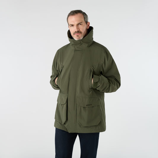 Musto Men's Fenland Jacket 3.0 in Deep Green, featuring a waterproof outer, practical pockets, and a classic zip front with storm flap.