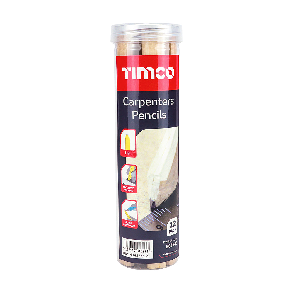 TIMCO Carpenters Pencils 12 Pack showing flat red wooden pencils with thick graphite lead