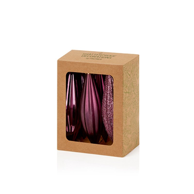 Premier 6 x 11cm Plum Shatterproof Drop Ornaments hanging on a pine Christmas tree branch