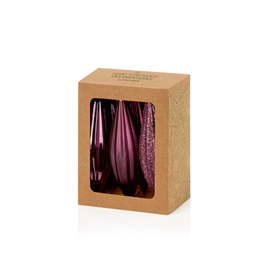 Premier 6 x 11cm Plum Shatterproof Drop Ornaments hanging on a pine Christmas tree branch