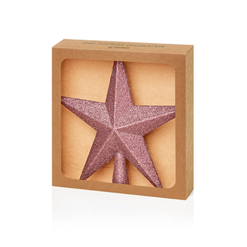 Premier 20cm Tree Top Shatterproof Star with glitter finish mounted on top of a pine Christmas tree<