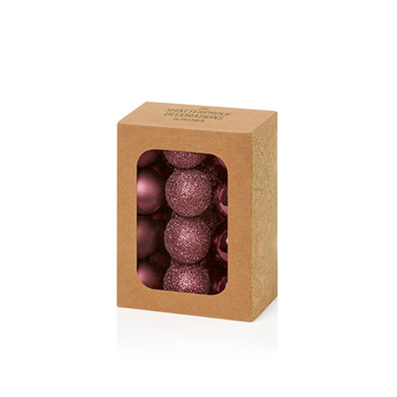 Premier 24 x 30mm Plum Finish Shatterproof Baubles displayed on a green Christmas tree branch