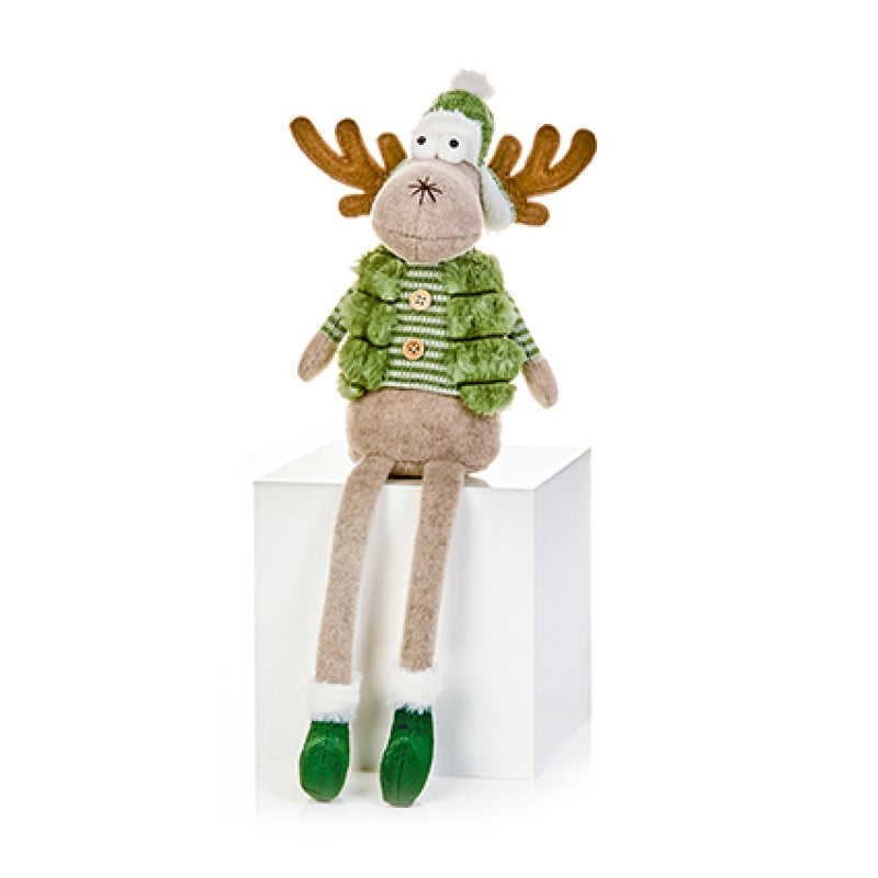 Premier 58cm Plush Sage Sitting Reindeer with Fur Body Warmer and Dangle Legs