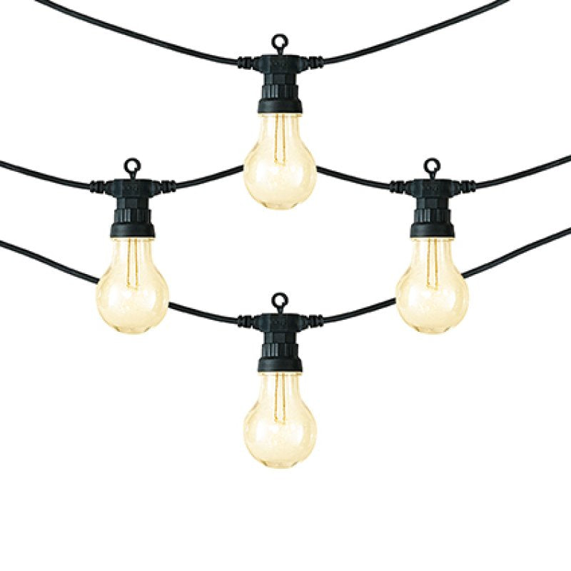 Premier 20 non-connectable festoon light string with warm white LED bulbs hanging on a garden patio