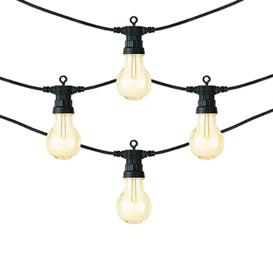 Premier 20 non-connectable festoon light string with warm white LED bulbs hanging on a garden patio
