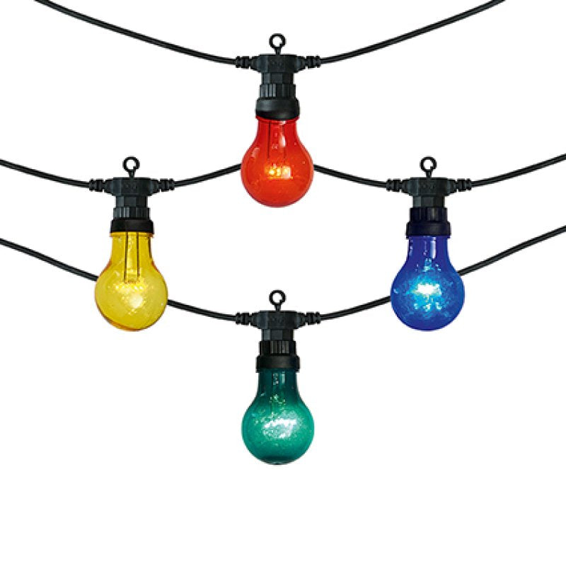 Premier 20 non-connectable festoon light string with multi coloured LED bulbs hanging in a garden setting