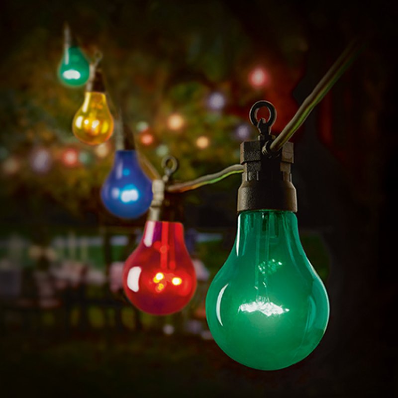 Premier 20 non-connectable festoon light string with multi coloured LED bulbs hanging in a garden setting