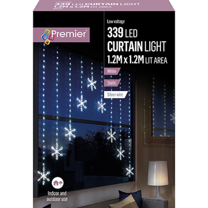 Premier 1.2x1.2m Pin Wire Snowflake V Curtain with 339 White LEDs
