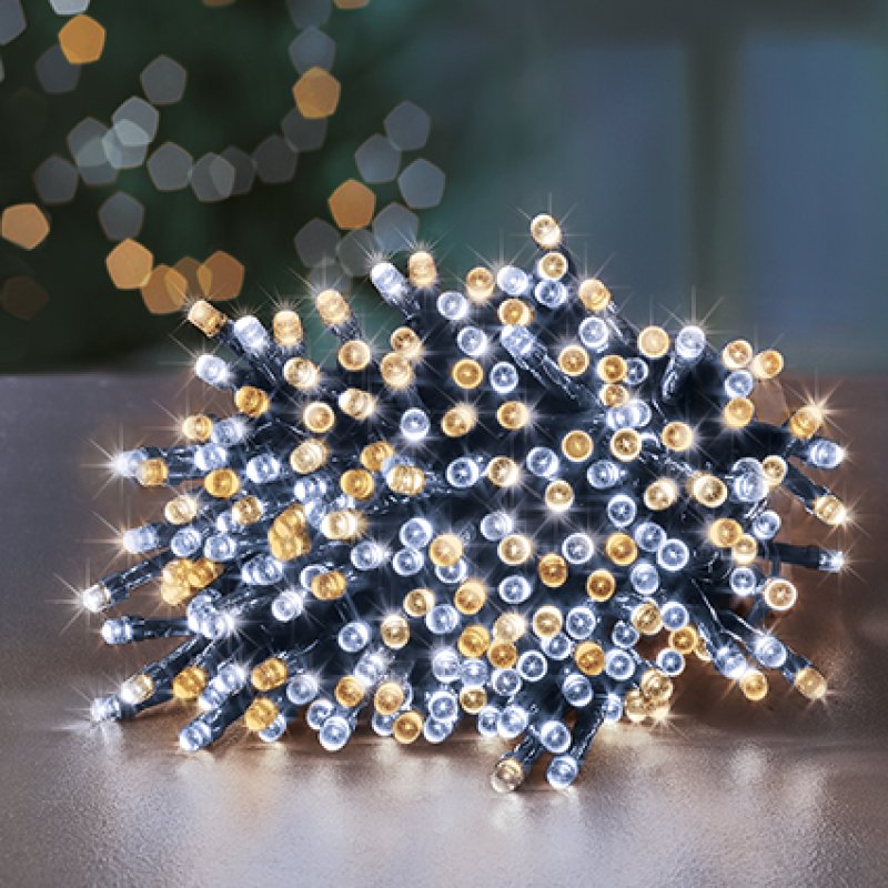 Premier 720 Multi Action Warm White LED Supabrights with Timer illuminated on an evergreen garland