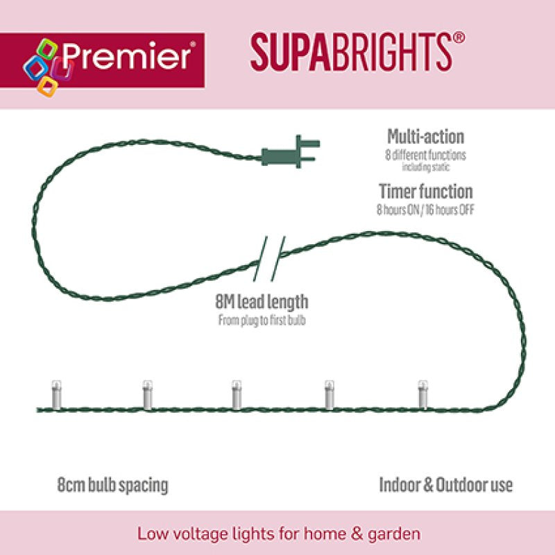 Premier 720 Multi Action White LED Supabrights with Timer illuminated on an outdoor Christmas tree