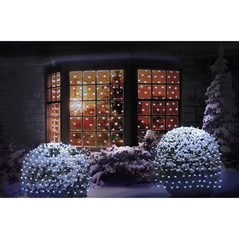Premier 1.75m x 1.2m multi action bright white 180 LED net lights draped over an outdoor hedge