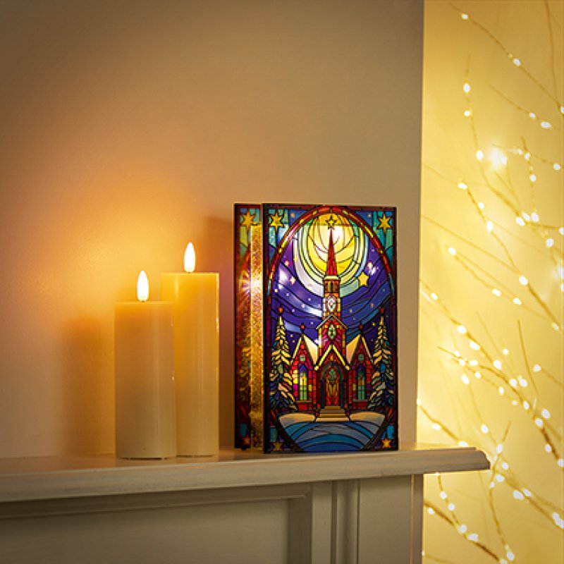 Premier battery operated lit church ornament with star stained glass windows