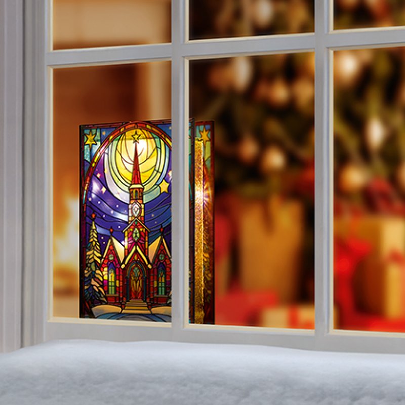 Premier battery operated lit church ornament with star stained glass windows