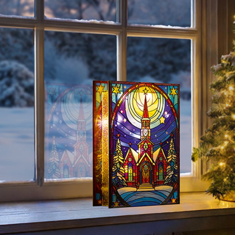 Premier battery operated lit church ornament with star stained glass windows