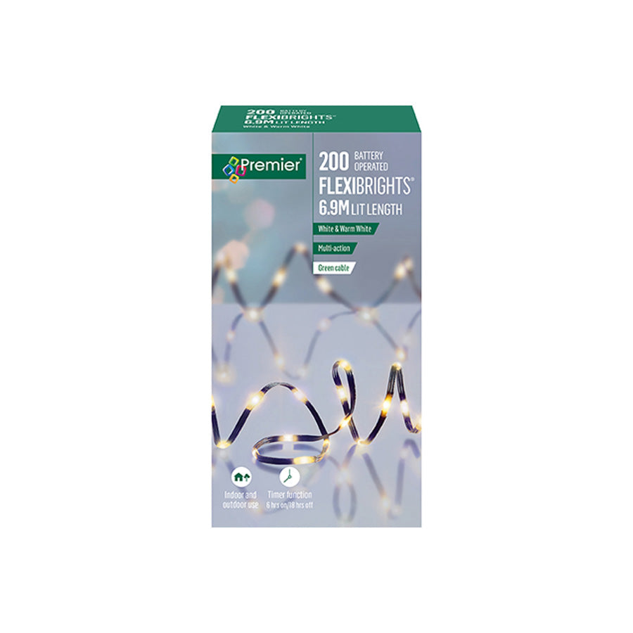 Premier 200 Battery-Operated Flexbrights Multi-Action White & Warm White String Lights 7.26m