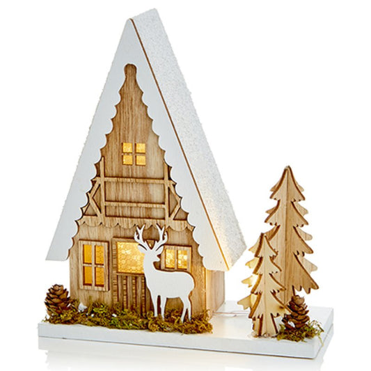 Premier 22cm BO Lit Wood Christmas House with Tree and Reindeer