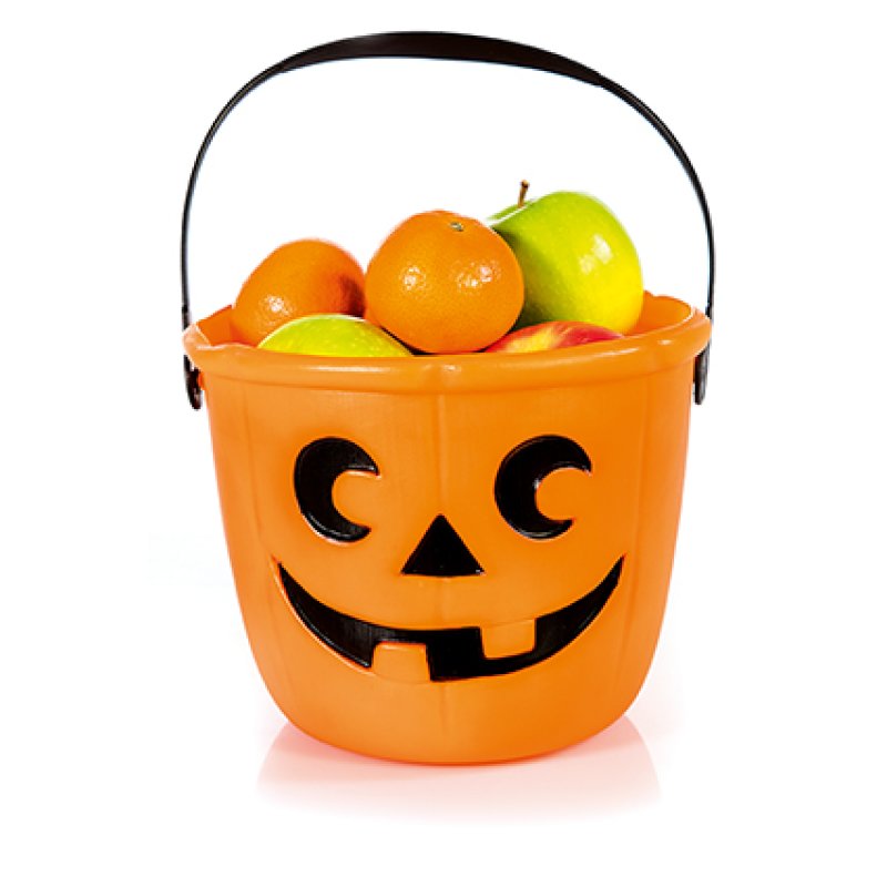 Premier bright orange plastic trick or treat bucket with a black jack-o'-lantern face print and black carry handle.