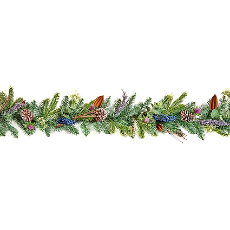 Premier 1.8m Eucalyptus Thistle Garland with blackberries and pinecones draped across a mantelpiece