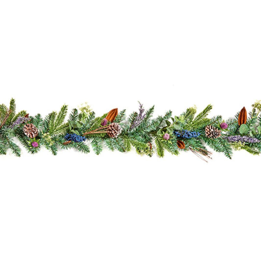 Premier 1.8m Eucalyptus Thistle Garland with blackberries and pinecones draped across a mantelpiece