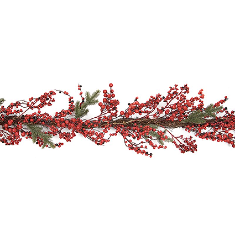 Premier 1.8m Red Berry Garland draped across a wooden fireplace mantel