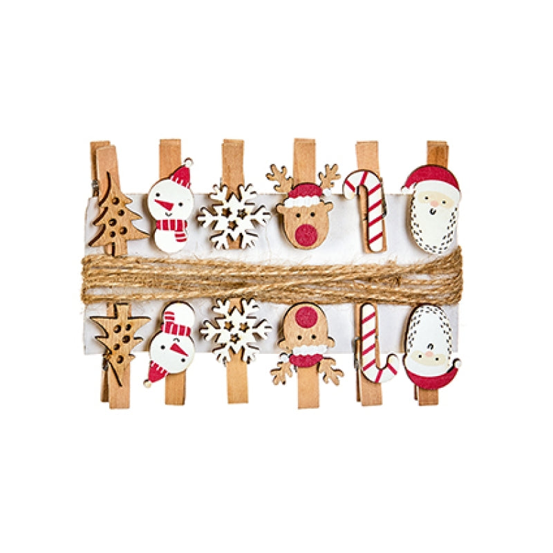 Premier 12pc Wooden Christmas Character Pegs with String
