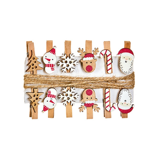 Premier 12pc Wooden Christmas Character Pegs with String